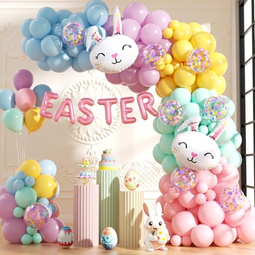 EICUECUE Easter Balloon Arch Kit -144Pcs Pastel Balloon Garland Kit with EASTER Balloon Banner Bunny Balloons for Easter Party Spring Birthday Baby Shower Rainbow Easter Supplies Party Decorations