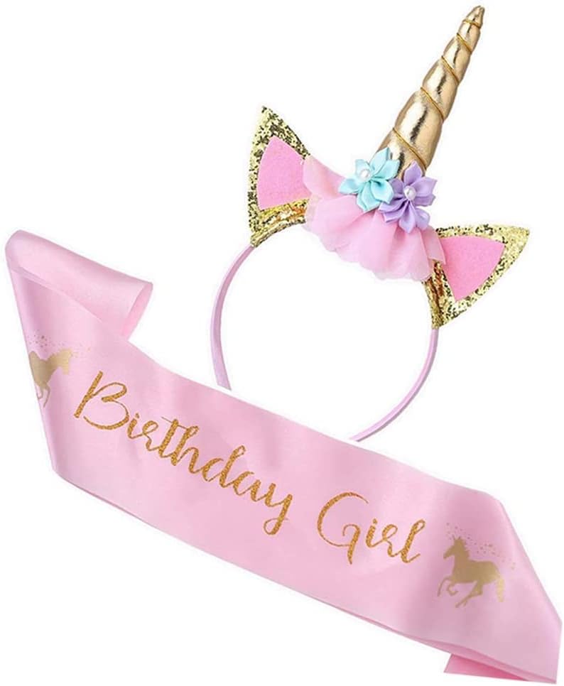 Unicorn Birthday Set of Gold Glitter Unicorn Headband Pink Satin Sash for Happy Birthday Unicorn Party Supplies Favors Decorations