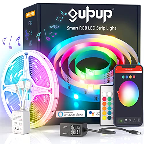 GUPUP WiFi Led Lights 50ft,Tuya Smart App Controlled Led Strip Lights,Work with Alexa and Google Assistant Devices,Sound Activated Light Strip,Music Sync,Color Changing Led Lights(APP+Remote+Voice)