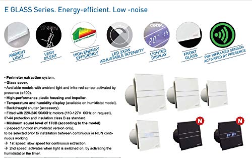 CATA E-Glass Series features including energy efficiency, low noise, and various sensor options