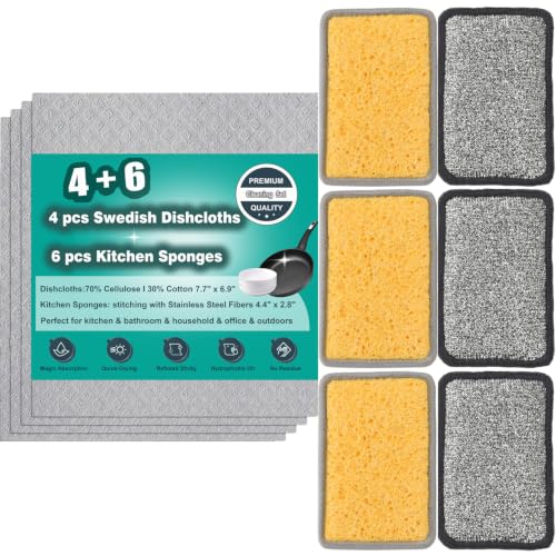 METUUTER 4 PCS Swedish Dishcloths + 6 PCS Dual-Sided Kitchen Sponges for All-Purpose Cleaning Kit