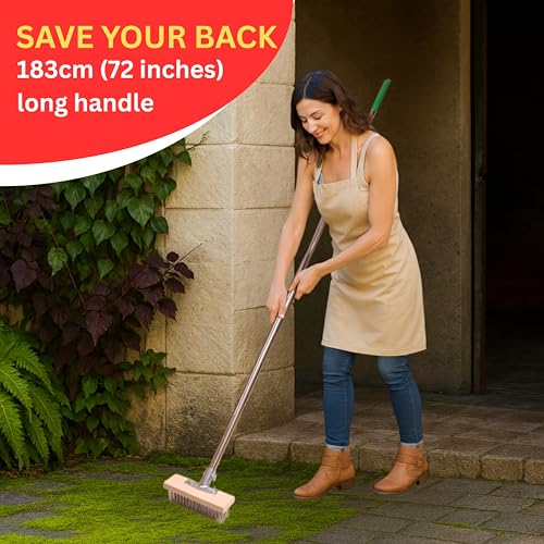 Image of Stainless Steel Wire Heavy Duty Hard Floor Brush 20cm Durable Metal Wooden Brush with 70 inch Long Stainless Steel Pole for Bathroom,Swimming Pool,Terrace,Garden,Block,Moss,Stains Cleaning
