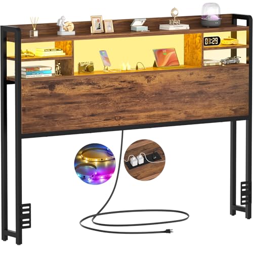 Aheaplus Headboard for Full Size Bed with Storage, Headboards with LED Light, Power Outlets, USB Ports Full Size Head Board, Wood headboard Only Sturdy and Stable Headboards, Modern, Rustic Brown