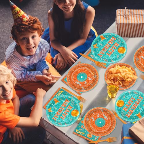 Image of 96PCS Popular Singer Birthday Party Paper Plates and Napkins Music Lover Party Decoration Pop Singer Theme Party Supplies Orange Green Glitter Tableware Set Serves 24 Guests Girls Baby Shower Favor
