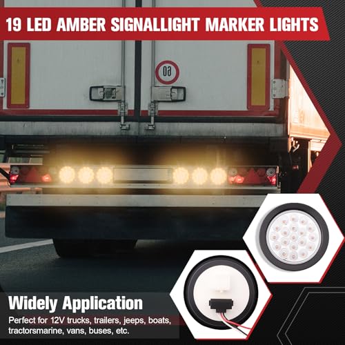 Image of 2PCS 4 Inch 19LED Amber Round Led Trailer Tail Lights,Brake Stop Turn Signal Light w /Grommets,12V,IP67 Waterproof,3-Prong Wire Pigtails