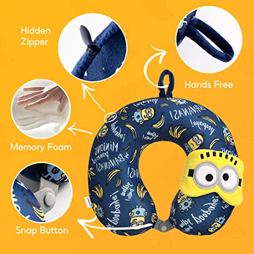 Miniso Minions Travel Neck Pillow With Eye Mask, Cute Cartoon 100% Memory Foam Toddler Neck Support Pillow, Lightweight Travelling Pillow Set For Airplane, Car And Home Use #TOP5