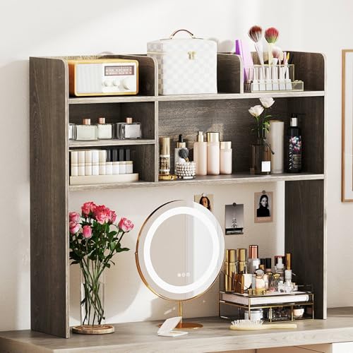 Image of Tangkula Desktop Bookshelf for Computer Up to 32 inch, 37 inch Countertop Storage Hutch with 6 Storage Shelves, 3-Tier Desktop Organizer Display Rack, Wooden Desk Hutch for Dorm Home Office (Grey,6 Shelves)