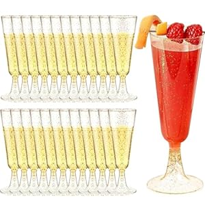 YWKJDDM Sektgläser Kunststoff, 25 Stück Kunststoff 150ml Mehrweg Champagnergläser Mimosa, Gold Glitte Sektgläser Sektkelch Sektflöten Champagner Gläser für Garten Hochzeitstag Duschen Partys