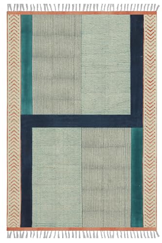 CASAVANI Collection Geometrischer Teppich – 2 x 3 Flächenteppich aus blauer Baumwolle, Dhurrie-Kelim-Teppich, für drinnen und draußen, Flachgewebe-Teppich, stark frequentierte Fläche im Schlafzimmer,