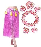 Jingyunstore Adultos Fiesta Vestido de Hawaii Falda de Hierba Hula Conjunto de Falda Ajustable para Fiesta Hawaiana Disfraz de fantasía 7 Piezas 80 CM-Rosa