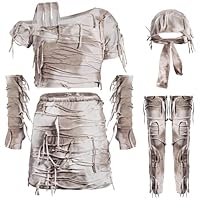 Halloween Women Mummy Costume Bandaged Mystical Two-Pieces Horror Fancy Dress Outfit with Headband Party Cosplay