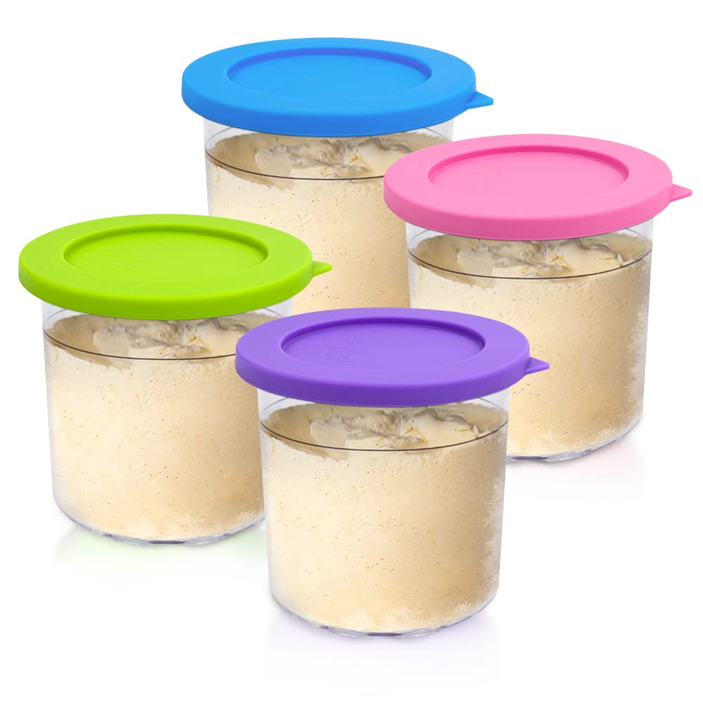Containers Replacement for Ninja Creami Pints and Silicone Lid, 4 Pack, Compatible with NC299AMZ & NC300s Series Ice Cream Maker with E-Cookbook, Airtight & Dishwasher Safe (Mix1,4 Pack)