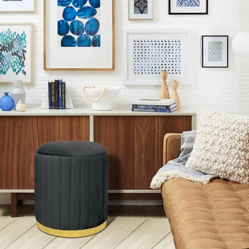 Image of Round Velvet Luxurious Storage Ottoman, Pouf with Storage Vanity Stool Chair,Upholstered Foot Rest Stool with Gold Strip Base for Living Room or Bedroom (Black., Large-40Dx40Wx46H)