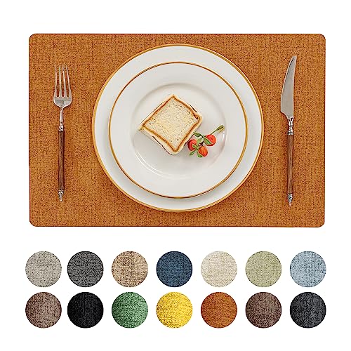 Romanstile Fall Vinyl Placemats Set of 8-12 X 18 Inch - Heat Resistant Place Mats 100% Waterproof Oilproof Wipeable Reversible Faux Leather Table Mats for Kitchen/Dining/Party/Outdoor, Orange