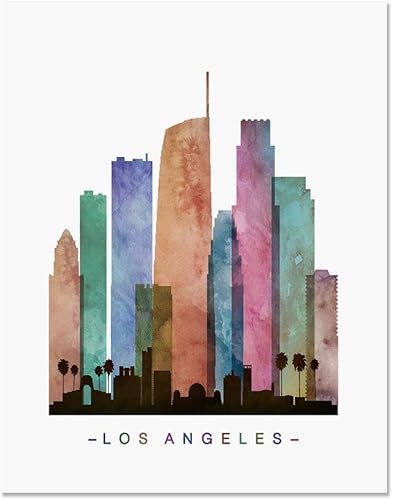 Miniatura 2 de OFlyDesigns Skyline de Los Ángeles, arte de pared de Los Ángeles, impresión artística de Los Ángeles, impresión de paisaje urbano de acuarela,