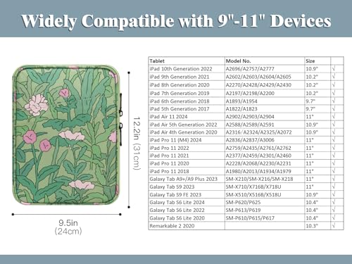Image of TiMOVO 9-11 inch Tablet Sleeve Bag with Pocket, Green Flower | Fits iPad 11 inch A16 2025, iPad 10.9 inch /10.2 inch, Air 11 inch 5th /4th Gen, Galaxy Tab A9+ /A11 Plus 11 inch