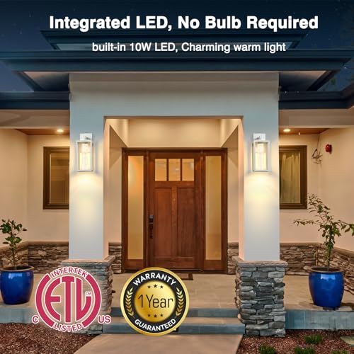 Image of VIANIS White Porch Lights Outdoor, Large Exterior Sconce Lighting for House | Integrated 10W LED, 100% Aluminum, Exterior Light Fixture Wall Mount for Garage, Porch, Crystal Bubble Glass, Easy to Install