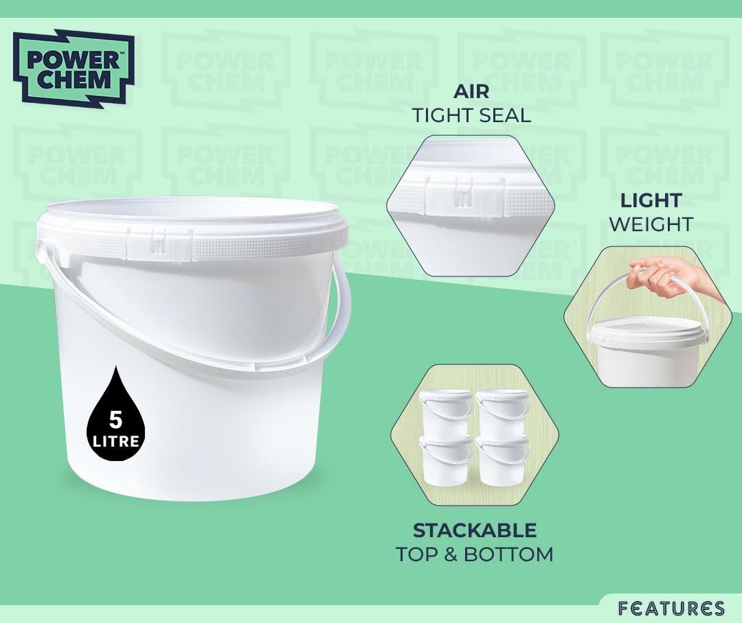 PowerChem Kunststoff-Eimer + Griff und Deckel, robust, lebensmittelecht, BPA-frei, vielseitig einsetzbar, für Fermentation, Trockenfutter, Flüssigkeiten, Chemikalien, Hydrokulturen, Weiß, 100 Stück