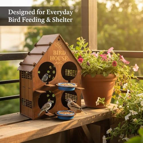 Image of Signamio Upgraded Wooden Bird House with 4 Bird Space Option and Water Feeder - Large Bird Nest for Outdoor Use, Durable Birds Nest Home, Ideal for Birdwatching Enthusiasts
