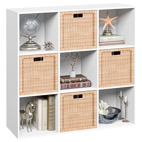 JupiterForce 9 Cube Storage Organizer Wooden Display Cube Shelf W/ 5 Removable Back Panels, Customizable Bookcase Bookshelf for Home, Office, Bedroom and Living Room (White)