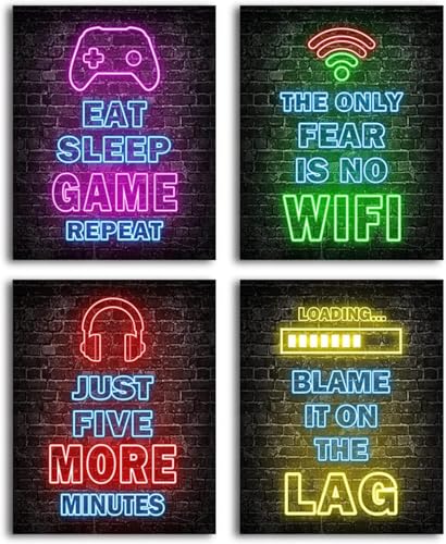 Vmoomax Juego de 4 pósteres de juegos para pared, papel tapiz de neón para decoración de habitación del hogar, accesorios de dormitorio, pósteres de lienzo sin marco para sala de juegos de niños