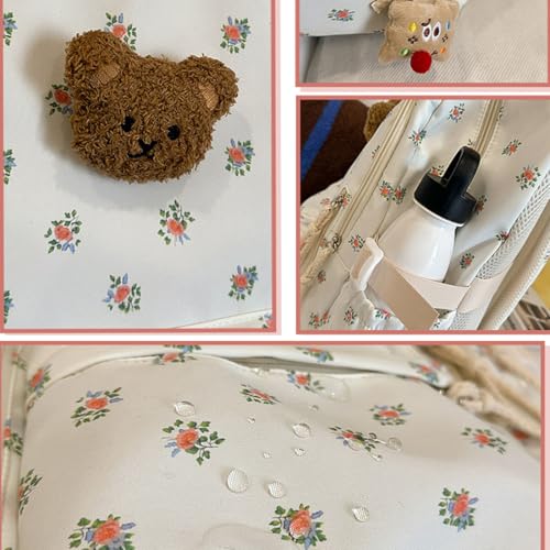 Cute Floral Backpack with Bear Pendant Floral, Coquette Nylon Backpack, Preppy Kawaii Daypack for Travel (Blue)4