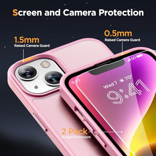 Image of Miracase for iPhone 14 Case [MagSafe Compatible] [2x 9H Tempered Glass] 12FT Military-Grade Drop Protection, Slim Translucent Matte, Anti-Fingerprint, Shockproof with Metal Buttons, Mes-Pink