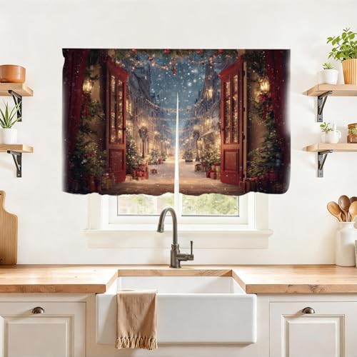 Image of Self Adhesive Vintage Street View Cabinet Curtain for Mother's Day, 39x28 Inch Open Door Scenery Under Sink Skirt No Drill, Spring Cleaning Kitchen Decor, Hook and Loop Valance