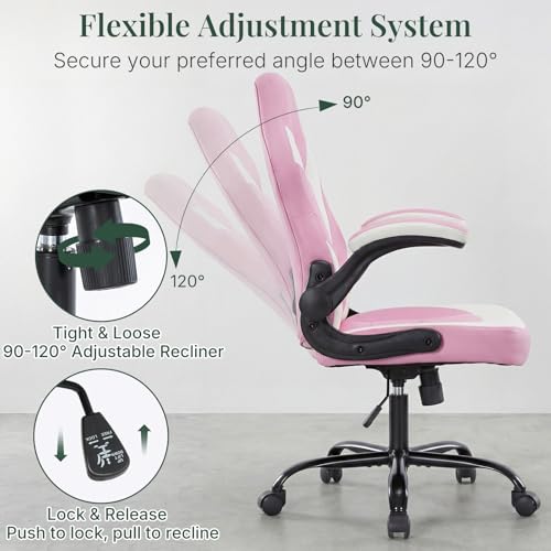 Image of Ergonomic Computer Gaming Chair - Home Office Desk with PU Leather Lumbar Support, Height Adjustable Big and Tall Video Game with Flip-up Armrest, Swivel Wheels for Adults,White and Pink