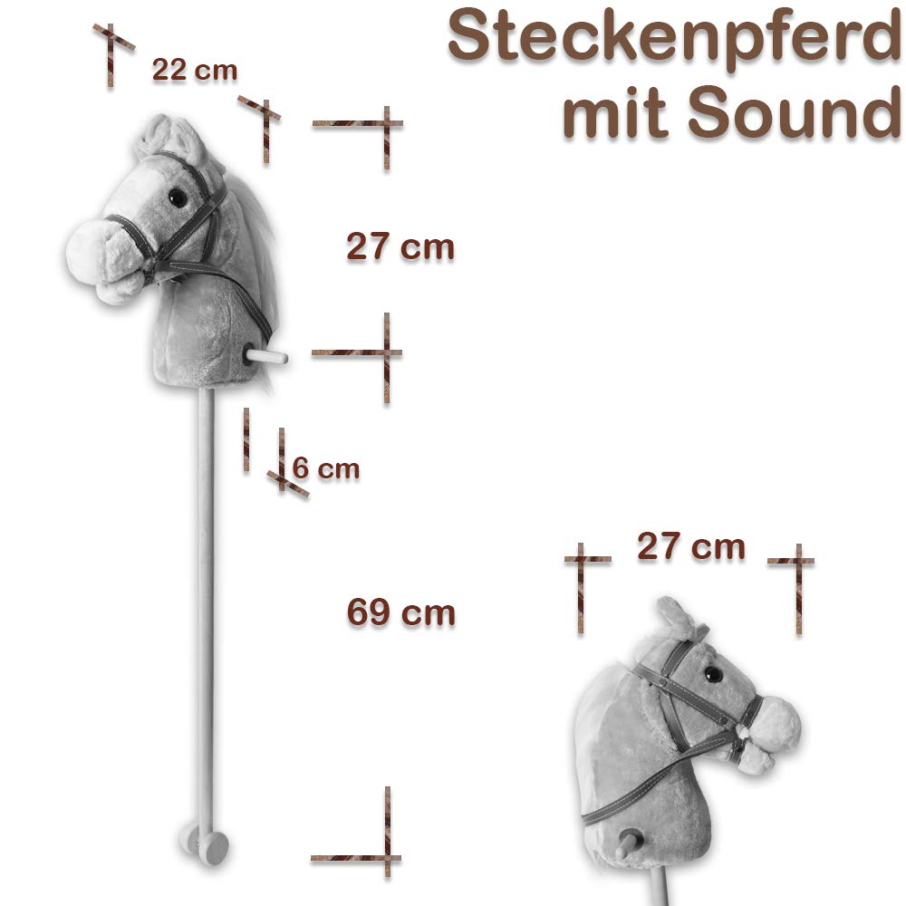 TE-Trend Steckenpferd mit Sound – 95 cm zweiteiliges Hobby Horse für Kinder, Holzstab & Plüschkopf, Reitspielzeug mit Rollen, Hobby Horsing Bewegungsspielzeug ab 3 Jahren