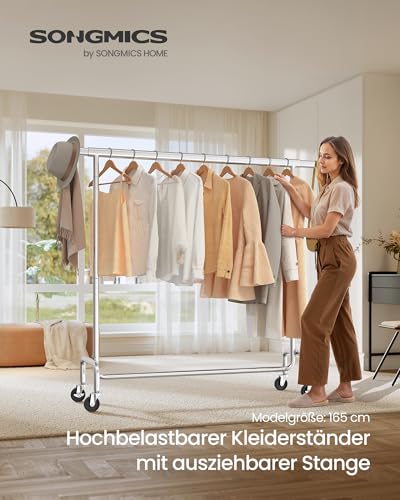 SONGMICS Kleiderständer auf Rollen, Garderobenständer, hochbelastbar, ausziehbare Kleiderstange, bis 130 kg belastbar, 45 x (110-150) x 162,9 cm, aus Metall, verchromt, silbern HSR11S