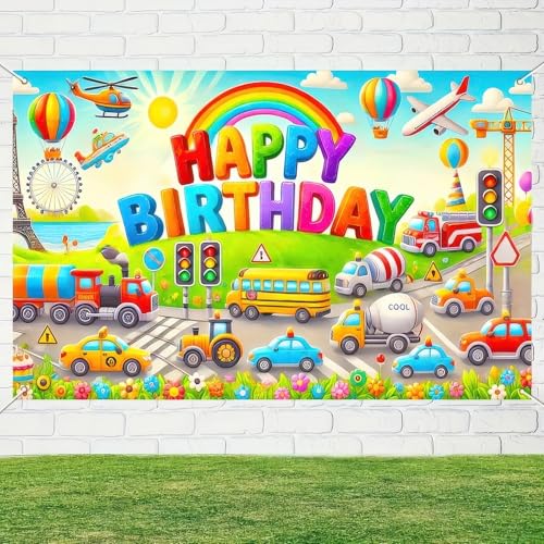 Image of BlissYard Car Birthday Backdrop 70x43 Inch Transportation Party Decor | Transportation Birthday Decorations Truck Backdrop Boys Birthday Party Decorations Photography Supplies