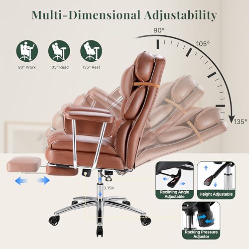 Image of Executive Ergonomic Office Chair, PU Leather High Back Reclining Office Chair with Footrest and Lumbar Support, Height Adjustable Rolling Swivel Computer Chair for Home Office,Brown