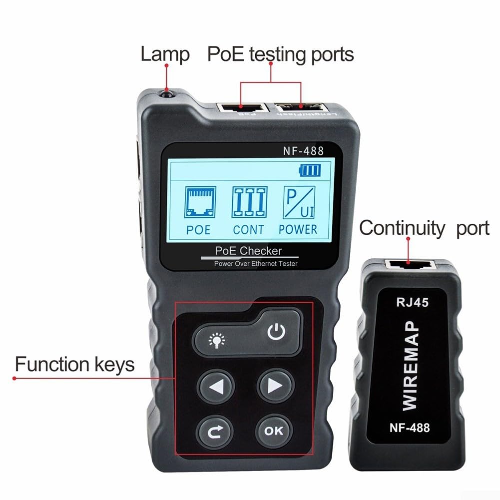 Testeur de câble réseau pour un usage domestique et professionnel avec analyse Poe pour fils Ethernet Cat5e Cat6 Cat6a Gris Design compact avec lumière LED et écran LCD Pochette de transport incluse