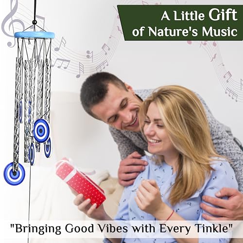 Image of ZAICUS 27-Inch Turkish Evil Eye Wind Chimes - Metal Hanging Decor for Home, Balcony, Living Room & Entrance - Positive Energy & Housewarming Gift for Women (Blue)