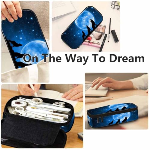Image of Yekiua Wolf Pen Bag Mountain Wolves Full Moon Starry Sky Large Pencil Case Big Capacity Pencil Pouch Pencil Holder