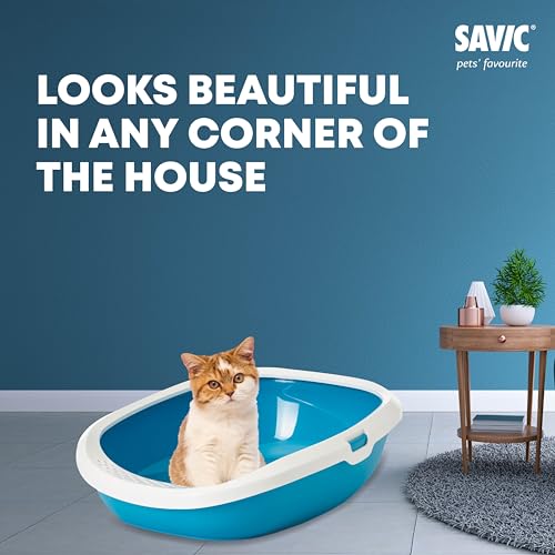 Image of Savic Gizmo Cat Litter Tray with Rim - 17 inch Lightweight, Durable Litter Box for Cats & Kittens Odor-Reducing, Easy to Clean, Ideal for Toilet Training - Twilight Blue | Medium litter tray with anti-scatter rim for clean and hygienic use.