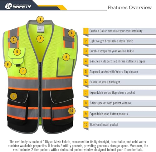 Image of JKSafety 9 Pockets Class 2 Hi-Vis Safety Vest High Visibility Reflecitive Mesh Safety Vests for Men and Women Cushioned Collar Work Utility PPE Work Gear ANSI /ISEA compliant (101-YBlack S)