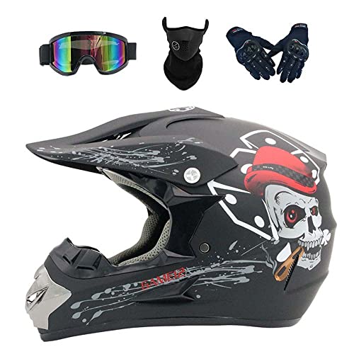 Casque tout-terrain pour enfants et adultes Casque de pirate, Casque de moto intégral MX ATV Scooter avec lunettes Gants Masque, Certifié DOT (le noir,S) Cover