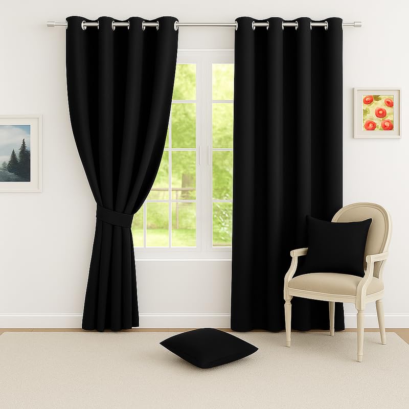 Vendola Blackout 9 feet Long Curtains Set of 1 with Tie Back, parda 9 feet Long, Solid Curtain for Living Room, Bedroom, 80-85% Blackout, Perfect for Home Decor (9 Feet, Noir Haven, Black Colour)