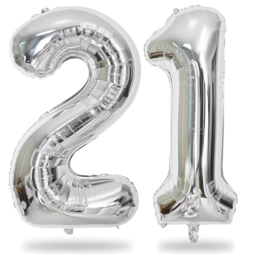 Image of 21 Balloons Number, Giant Silver Number 2 & 1 Helium Foil Balloon for Women 21st Birthday Decor, 40 Inch Self Inflating Mylar Number 21 Balloons for Man Anniversary Party Decorations Supplies