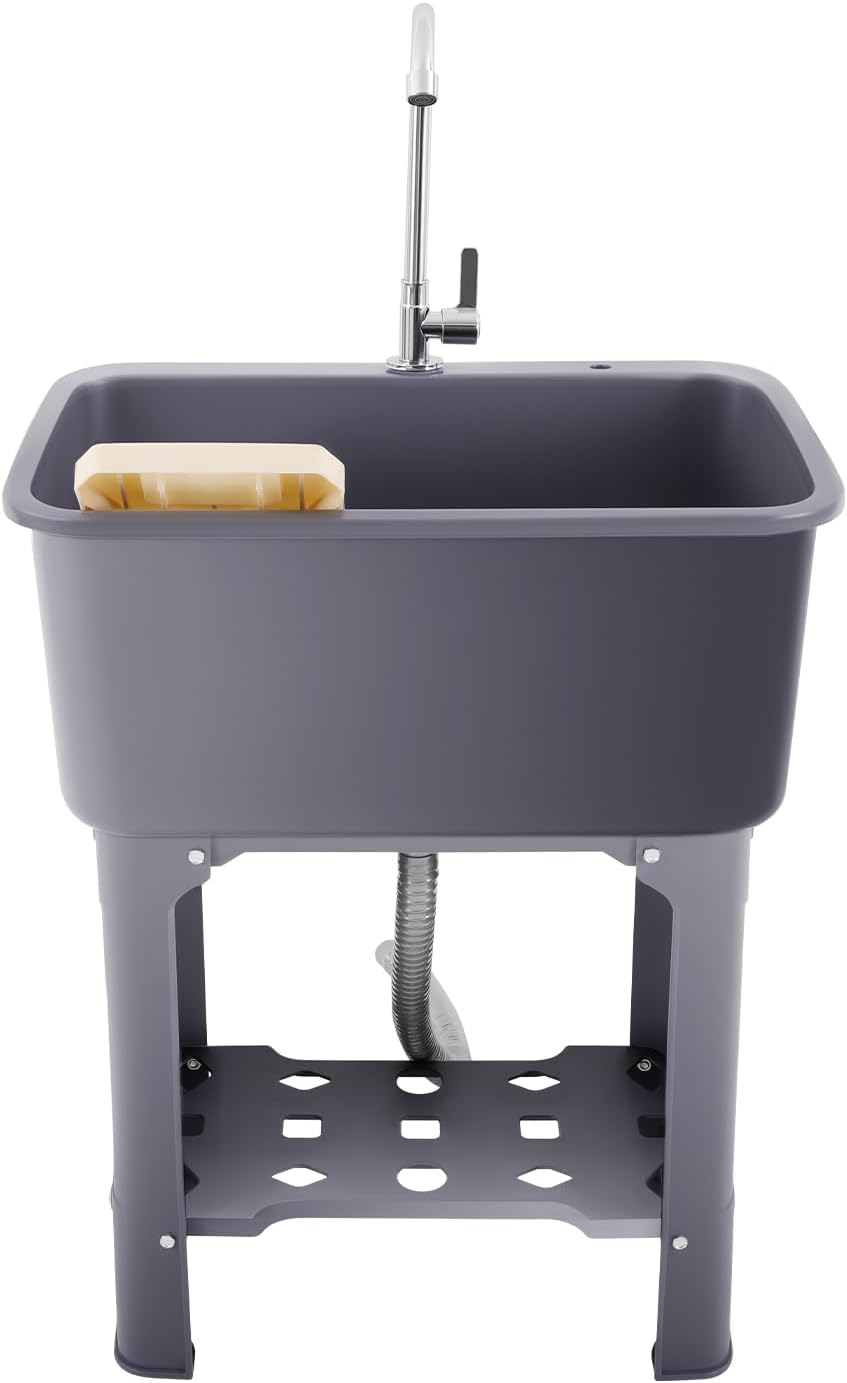 Utility Sink Laundry Tub, Freestanding Utility Sink with Faucet & Washboard & Inlet+Drain Pipe, Laundry Sinks with Storage Shelf, Outdoor Sink for Laundry Room, Basement, Garage