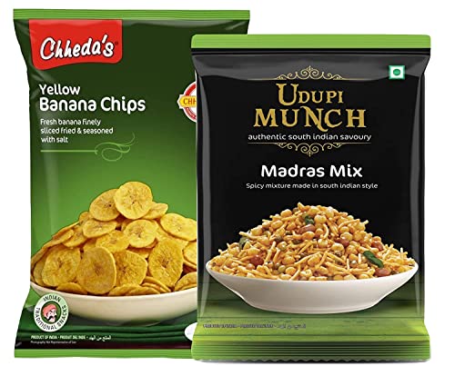 Image of Chheda's - Yellow Banana Chips (350Gm) and Udupi Munch Madras Mix (300 Gm) | Banana Wafers | Indian Namkeen | Tasty Snacks | Ready to Eat - Combo Pack