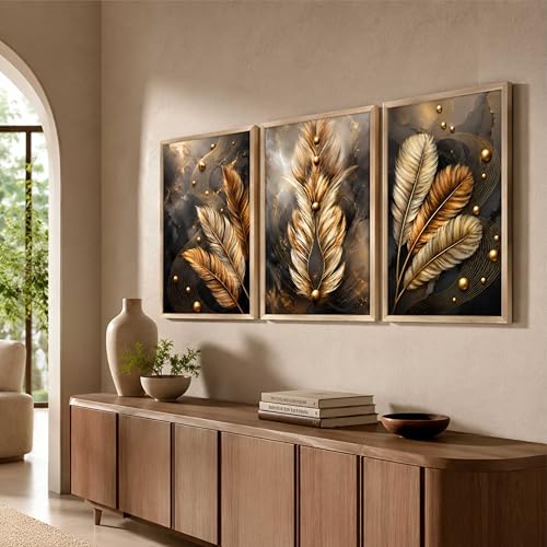 Image of Artify Abstract Feather Wall Painting Set of 3 for Living Room Bedroom Hall Office Decor, Gold Beige Black Modern Artwork, Premium Wooden Synthetic Frame