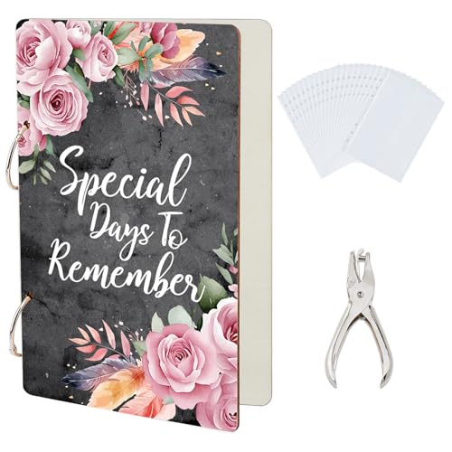 SUPERDANT - Álbum de tarjetas de felicitación vintage con rosas, archivador de madera con 2 anillas, álbum de postales con perforadora y 20 bolsillos