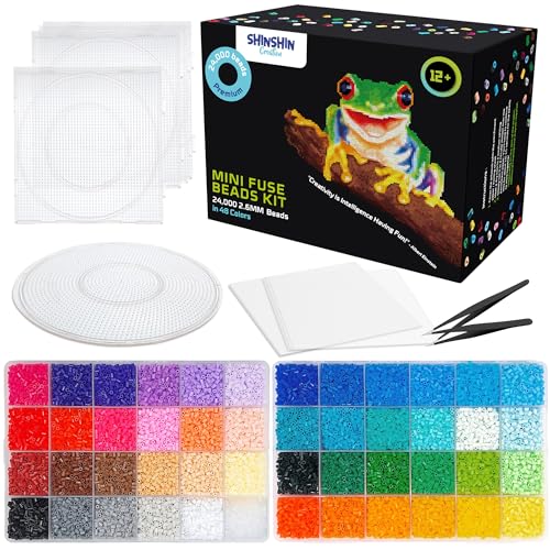24,000 Mini Fuse Beads Kit for Adults - 48 Colors Tiny 2.6mm Beads, 5 Pegboards, 2 Tweezers -