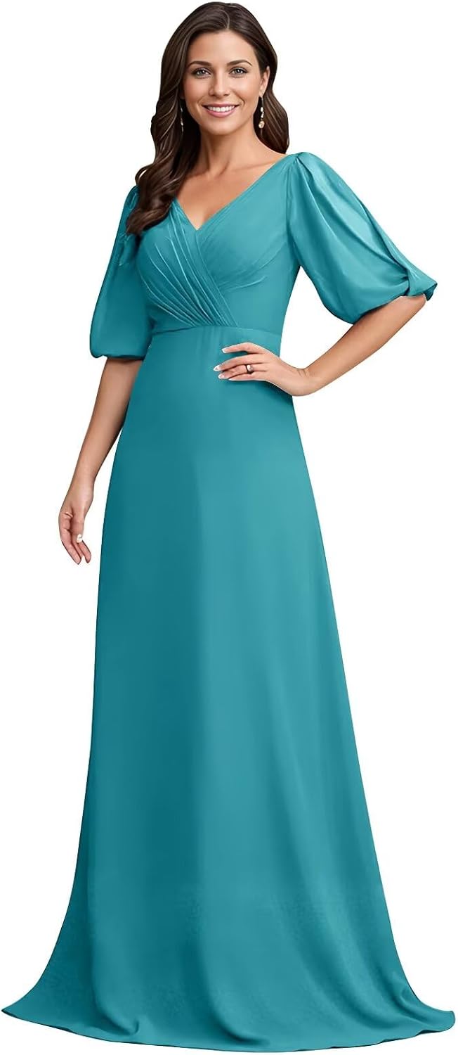 Chiffon V Neck Mother of the Bride Dresses Short Sleeves Wedding Guest Dress Long Formal Evening Gown