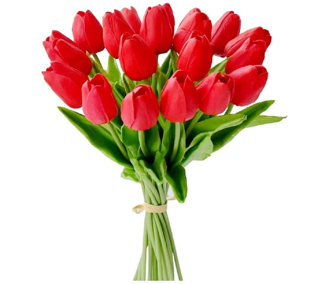 WESAPPINC 24PCS Artificial Tulips Flowers Real Touch PU Fake Tulips Flowers for Arrangement Wedding Bouquet Party Baby Shower Bridal Easter Spring Home Dinging Room Office Decoration (Red)