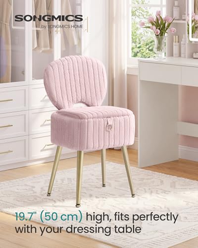 Image of SONGMICS Small Vanity Chair with Storage and Folding Back, Vanity Stool, Footrest Footstool Ottoman, Dressing Table Stool, Furry Padded Seat, for Makeup Room, Bedroom, Jelly Pink ULOM532SA01