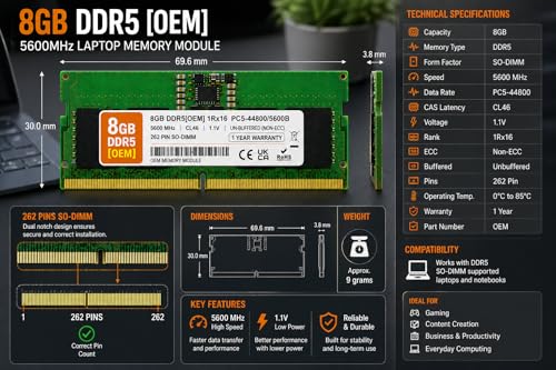 Image of 8GB DDR5 5600MHz OEM Laptop RAM Compatible with Micron [Key Specs: PC5-44800 /5600B | 262-Pin SO-DIMM | CL46 | 1Rx16 | 1.1V | Non-ECC] | 1 Year Seller Warranty